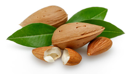 Almonds, shelled almonds and leaves