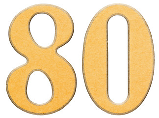 80, eighty, eight, numeral of wood combined with yellow insert,