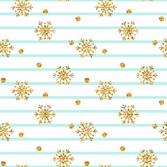 Christmas gold snowflake seamless pattern. Golden glitter snowflakes on blue white lines background. Winter snow texture design wallpaper Symbol holiday, New Year celebration Vector illustration