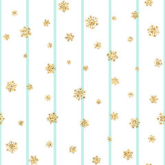Christmas gold snowflake seamless pattern. Golden glitter snowflakes on blue white lines background. Winter snow texture design wallpaper Symbol holiday, New Year celebration Vector illustration