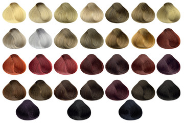 Complete set of locks of all the most used hair color samples, rounded shape, isolated on white background, clipping path included