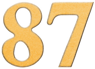 87, eighty seven, numeral of wood combined with yellow insert, i