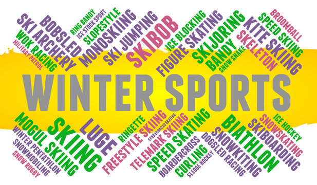Winter sports. Word cloud, colored font, white background. Olympics.