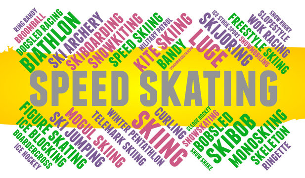 Speed skating. Word cloud, colored font, white background. Olympics.