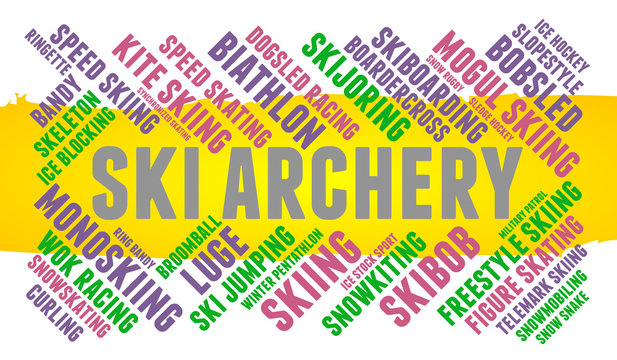 Ski archery. Word cloud, colored font, white background. Olympics.