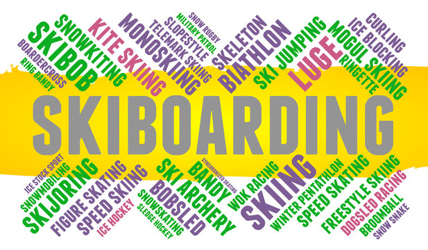 Skiboarding. Word cloud, colored font, white background. Olympics.