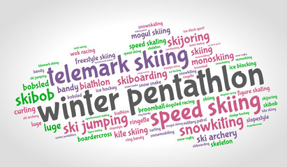 Winter pentathlon. Word cloud, colored italic font, grey gradient background. Olympics.