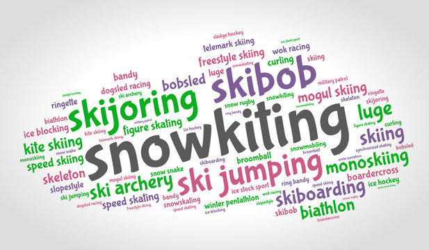 Snowkiting. Word cloud, colored italic font, grey gradient background. Olympics.