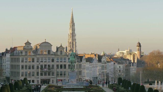 Brussels Panoramic View from the Jardin du Mont des Arts.
View of the city center architecture buildings at sunset.
Downtown Brussels towers and roofs landscape.
