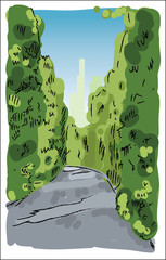 Digital vector sketch of a road to city between green trees in park