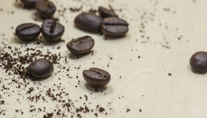Roast Coffee beans on the wood.