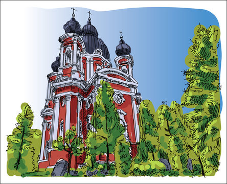 Digital vector sketch of curchi monastery in moldova with blue sky