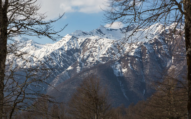 Evening view of the Caucasus mountains. Krasnaya Polyana, Sochi National Park, Russia.