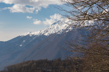 Evening view of the Caucasus mountains. Krasnaya Polyana, Sochi National Park, Russia.