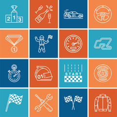 Car racing vector line icons. Speed auto championship signs - track, automobile, racer, helmet, checkers flags, steering wheel. Linear pictogram set with editable stroke for sport event, fan store.