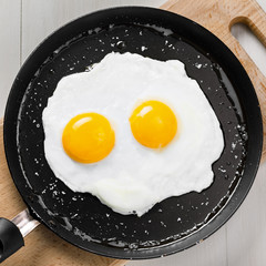 Fried eggs meal in a frying pan for delicious healthy breakfast. Traditional international breakfast food, top view.