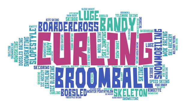 Curling. Word cloud, colored font, white background. Olympics.