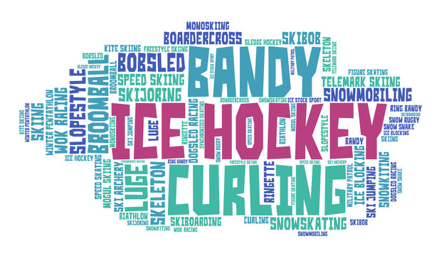 Ice hockey. Word cloud, colored font, white background. Olympics.
