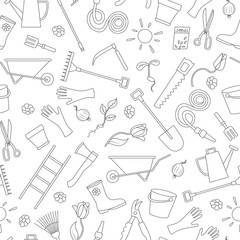 Seamless pattern on the theme of the garden , planting and growing harvest, a simple contour icons , black contour on white background