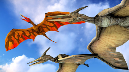 Flying pterodactyl against the beautiful cloudscape 3d illustration © satori