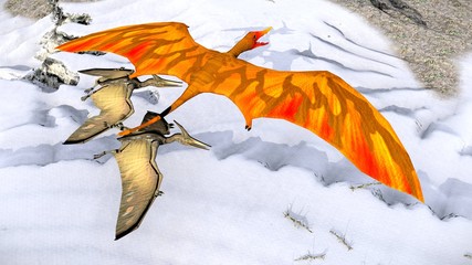 Flying pterodactyl against the beautiful cloudscape 3d illustration © satori