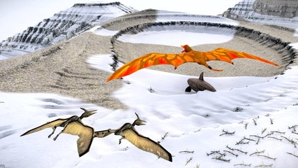 Flying pterodactyl against the beautiful cloudscape 3d illustration © satori