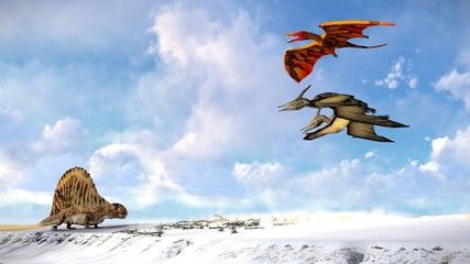 Flying pterodactyl against the beautiful cloudscape 3d illustration © satori