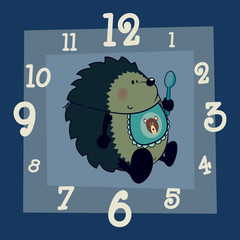 Cute looking baby hedgehog with bib and spoon.Clock pattern vector illustration