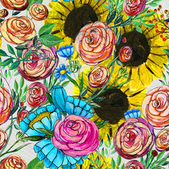 Seamless pattern with blue yellow and pink flowers