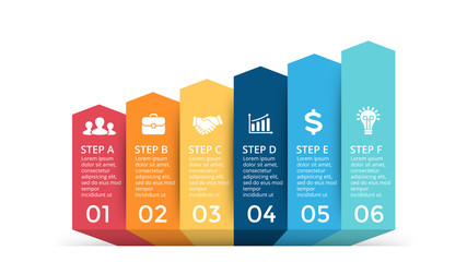 Vector up arrows infographic, progress diagram chart, stairs graph presentation. Business succecc concept with 6 options, parts, steps, processes.