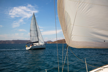 Boat competitor of sailing regatta in clear weather. Luxury yachts.