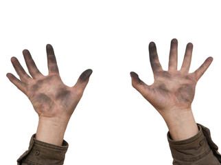 Dirty male hands on a white background