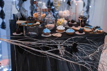 Candy bar on wedding ceremony with a lot of different candies an