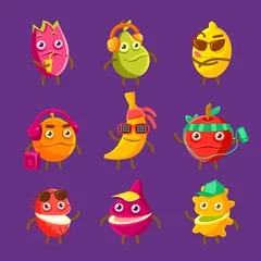 Fotobehang Tropical Fruit Cool Cartoon Characters On Vacation Set Of Colorful Stickers With Humanized Food Items © topvectors