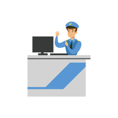 Customs Officer Monitoring Luggage Security Scan, Part Of Airport And Air Travel Related Scenes Series Of Vector Illustrations