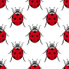 Red ladybugs beetle vintage seamless pattern
