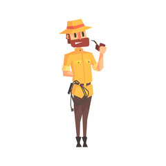 Adventurer Archeologist In Safari Outfit And Hat Smoking Pipe Illustration From Funny Archeology Scientist Series