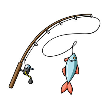 Fishing rod and fish icon in cartoon style isolated on white background.  Fishing symbol stock vector illustration. Stock Vector