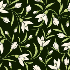 Vector seamless pattern with white snowdrop flowers on a dark green background.
