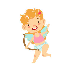 Girl Baby Cupid With Bow, Winged Toddler In Diaper Adorable Love Symbol Cartoon Character