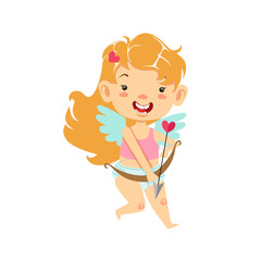 Girl Baby Cupid With Bow And Arrow,Winged Toddler In Diaper Adorable Love Symbol Cartoon Character