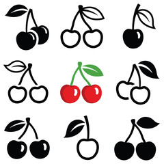 Cherry icon collection - outline and silhouette illustration - 132111048