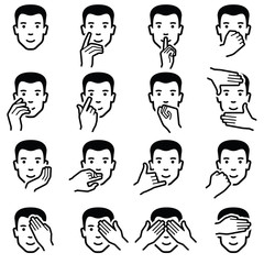 Man face with hand emoticons icon collection - outline illustration 