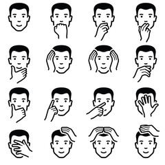 Man face with hand emoticons icon collection - outline illustration 