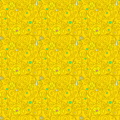 Vector bright background of yellow color with a floral pattern. Ornate gold pattern with flowers and leaves. Background for postcards, banners, books and stickers. Repetitive element for prints.