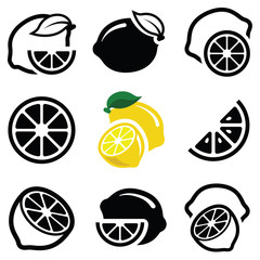 Lemon fruit icon collection -  outline and silhouette illustration - obrazy, fototapety, plakaty