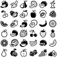 Fruit icon collection - outline and silhouette illustration 