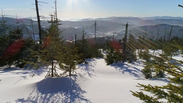 4k aerial of a winter landscape in Polish mountains.