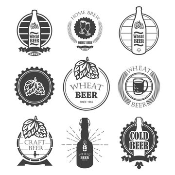 Vector Illustration with beer pub logo and labels. Simple symbols glass, bottle. Traditions of drink. Decorative elements for your design. Black white style.