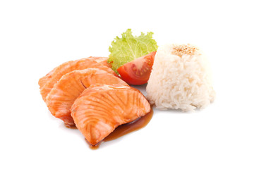 fish with sauce and rice on a white background